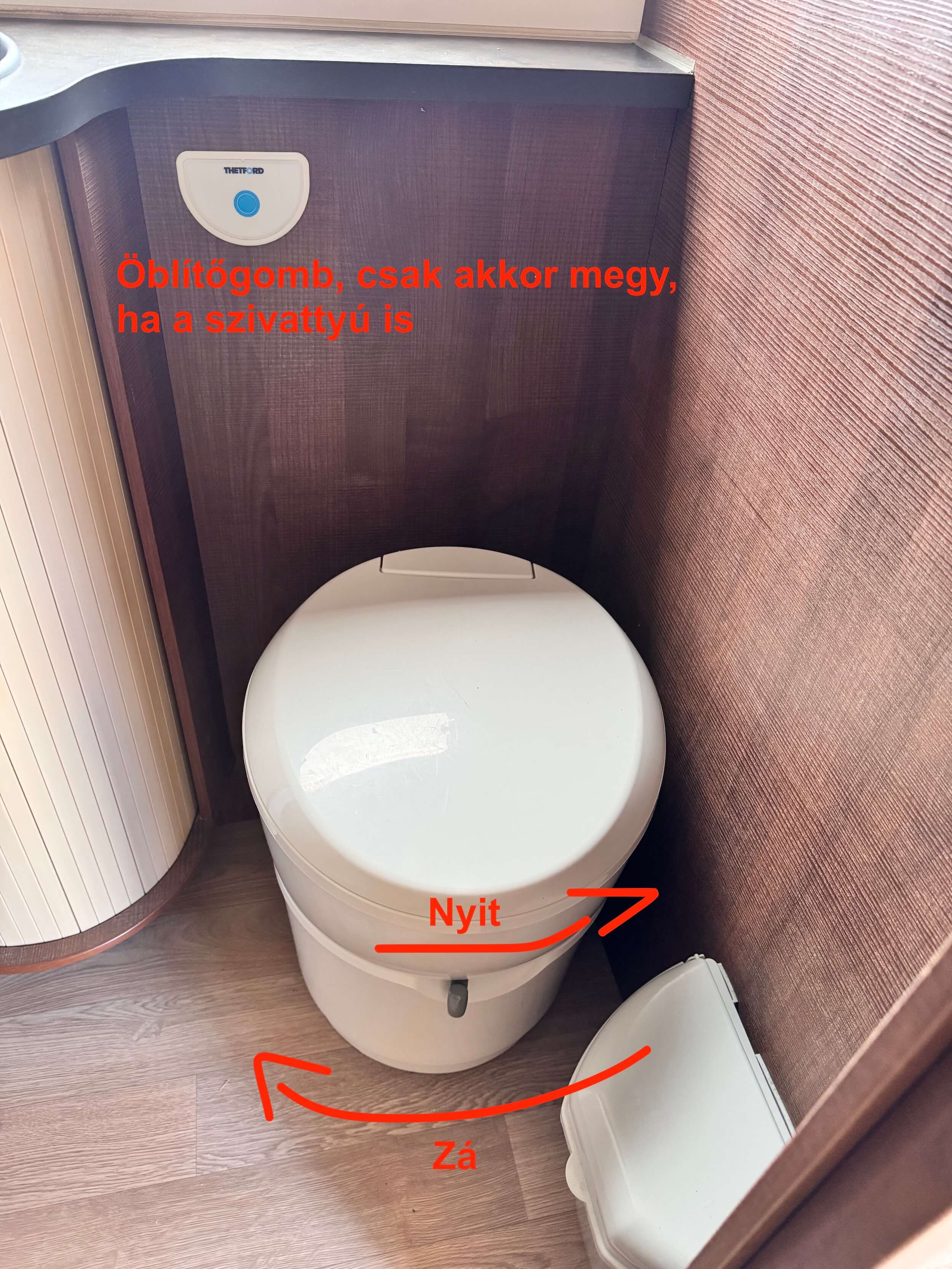 Lakóautó fürdőszobája a WC-vel és a kallantyúval